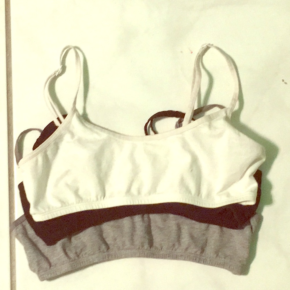 Three training bras (white,gray,and black)